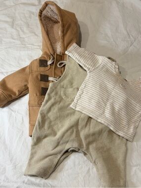 Kids Tan Overalls with Striped Shirt, made in France, Confetti Bundle with coat